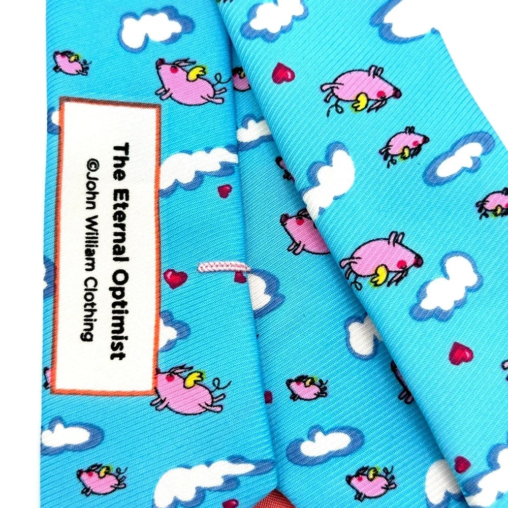 Flying Pig‎ Necktie Mens Blue Pink John William Eternal Optimist Polyester Tie